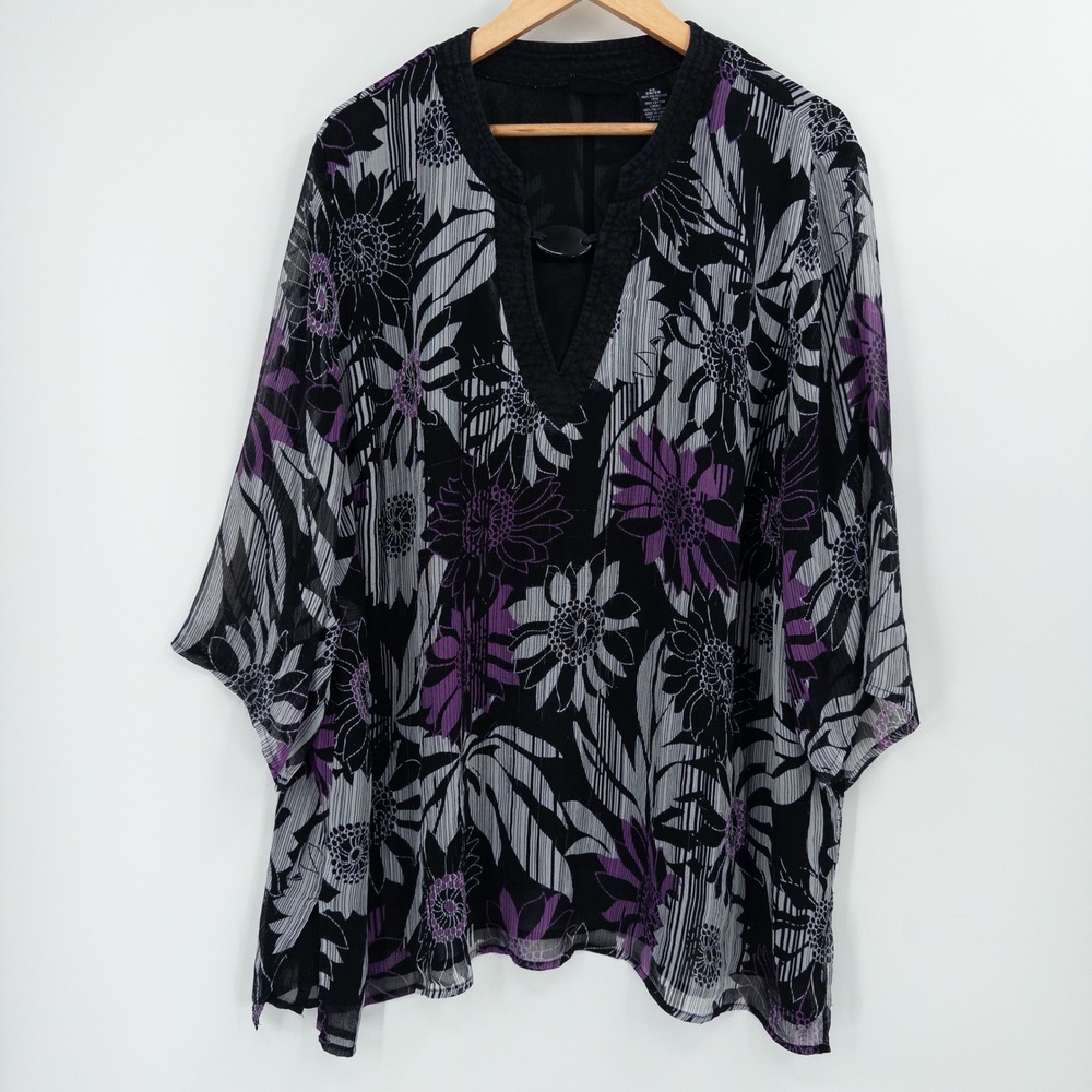 Maggie Barnes Tunic Top Womens 3X Black Purple Floral Sheer V-Neck Whimsigoth